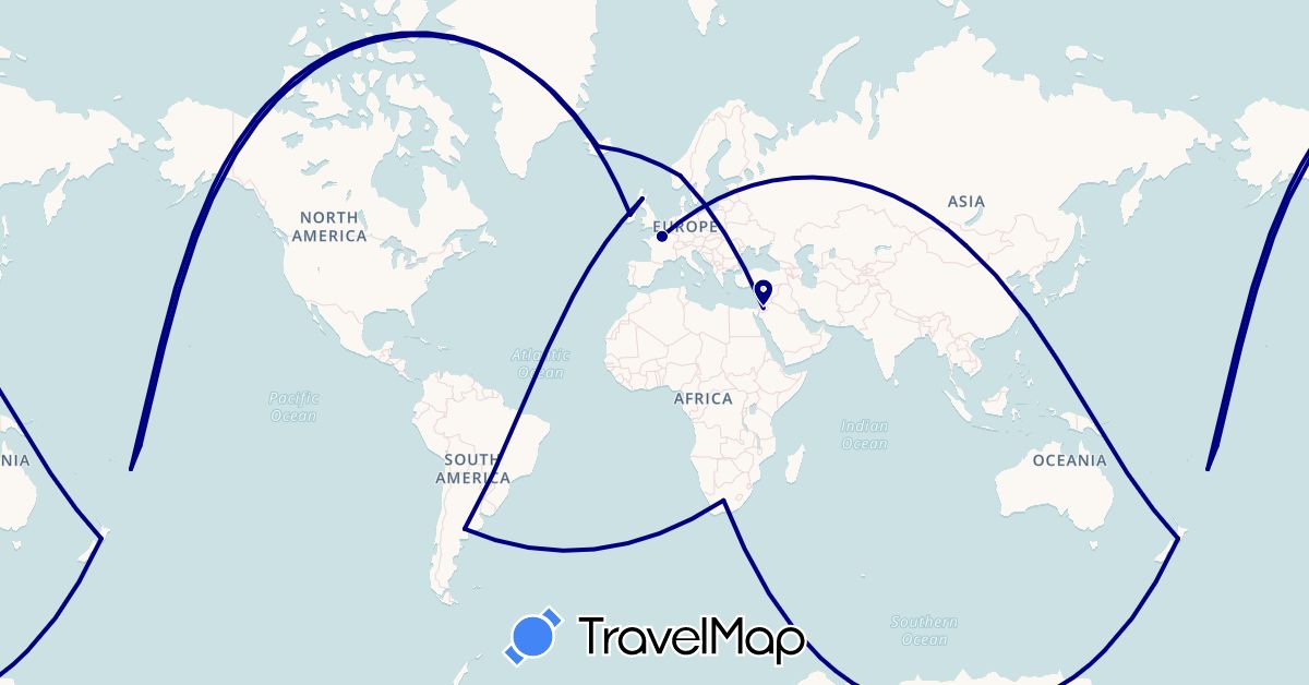 TravelMap itinerary: driving in Argentina, France, United Kingdom, Ireland, Iceland, Jordan, Mongolia, Norway, New Zealand, Tonga, Samoa, South Africa (Africa, Asia, Europe, Oceania, South America)